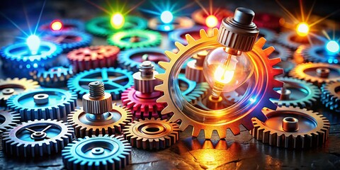 Vibrant Teamwork in Low Light: Colored Gears and Illuminating Bulbs for Collaboration and Creativity