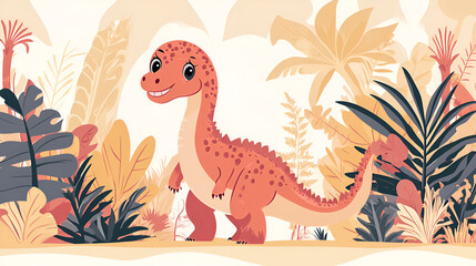 A cartoon dinosaur standing in a field with clouds and grass , cartoon scene with happy dinosaur in the jungle - illustration for children , Cute adorable baby dinosaur, fantasy style of children
