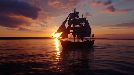 Obraz premium Calm Evening Ocean with Silhouetted Sailing Ship