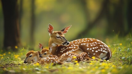 Obraz premium A Family of Spotted Deer Resting in a Meadow