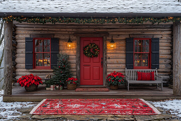 Cozy log cabin decorated for Christmas with red accents, snow, and festive lights creates warm holiday atmosphere. Perfect for winter celebrations