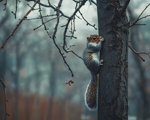 Starving Squirrel Clinging to Bare Tree in Desolate Park Searching for Food