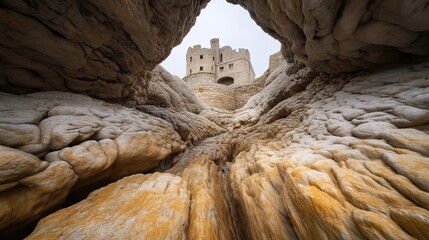 Unique fantasy castle structure viewed through weathered rock formations with textured surfaces and natural colors.