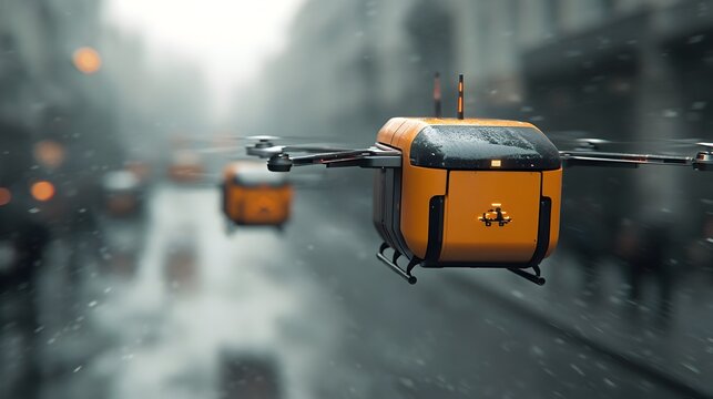 Sentient cargo drones and intelligent robotic couriers navigating crowded urban environments featuring a sleek and modular design with cool color tones and clean lines - Powered by Adobe