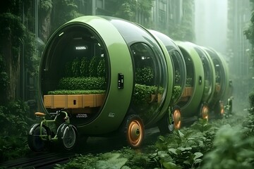 Eco Friendly Cargo Transit Electric Cargo Tricycles Navigating Verdant Urban Pathways with Sustainable Packaging and Vertical Farming in a Solarpunk Inspired Cityscape