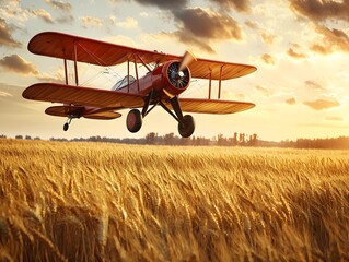 Vintage Biplane Soaring Over Golden Wheat Field at Enchanting Sunset