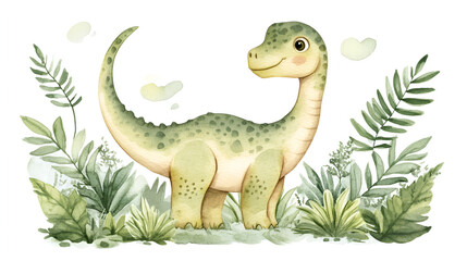 Watercolor cartoon cute little dinosaur , A cartoon dinosaur standing in a field with clouds and grass, A cartoon dinosaur standing in a field with grass and trees