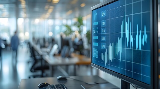 Digital screen showing a labor market graph with job openings and employment rates, set in an office environment.