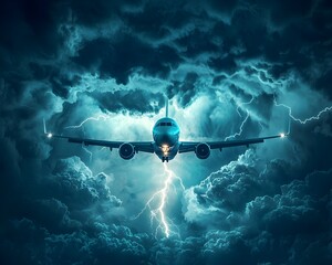 Fototapeta premium Dramatic Thunderstorm Airplane Soaring Through Swirling Clouds and Lightning