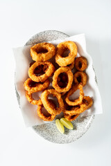 fried calamari rings . close up. cooking recipe , fish market