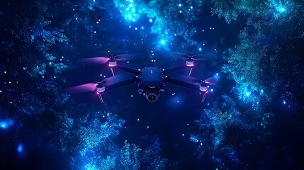 Drone Capturing Vibrant Light Trails in Bioluminescent Nighttime Forest Landscape