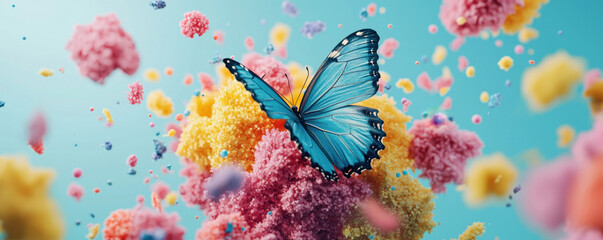 A vibrant blue butterfly flutters above colorful flowers, set against a soft, pastel background, creating a lively and enchanting scene.