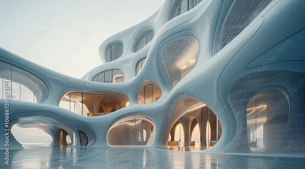 Aufkleber A building with futuristic forms, some of the walls are made out of threads.