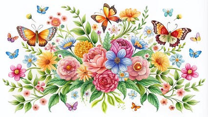 Vintage Floral Ornament with Butterflies for Tattoos and Greeting Cards, Elegant Floral Design, Isolated on White Background, Perfect for Home Decor and Accessories