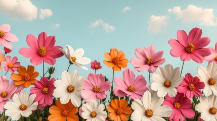 Colorful cosmos flowers blooming in a field with blue sky and white clouds.