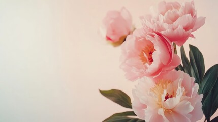 A soft, pastel image of blooming peonies with delicate petals and lush green leaves.