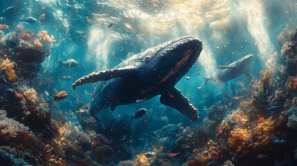 Fototapeta premium A deep swim whale in the sea.