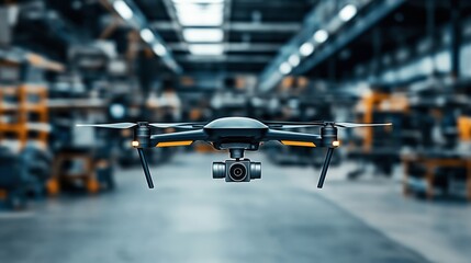 A quadcopter drone with a mounted camera flying indoors in a warehouse environment. The background is blurred, focusing on the drone's structure and design features.