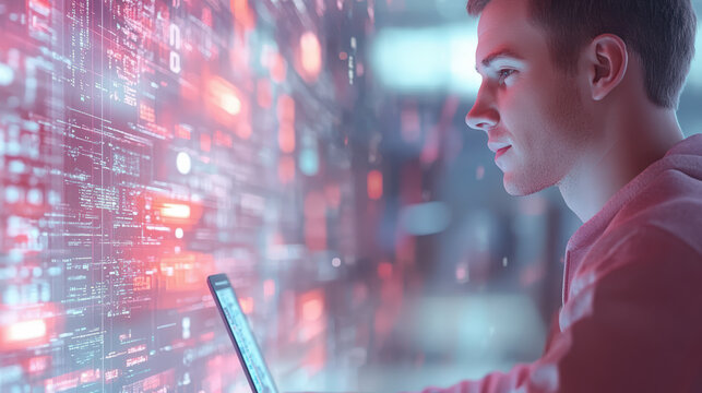 A person working on a laptop surrounded by digital codes and graphics, symbolizing technology, programming, and data analysis in a futuristic setting.