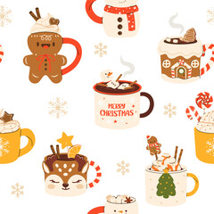 Seamless Christmas Pattern with various  Mugs with cacao, whipped cream, marshmallow, gingerbread and candy cane. Seasonal flavored products, cards for New Year or winter holidays. 