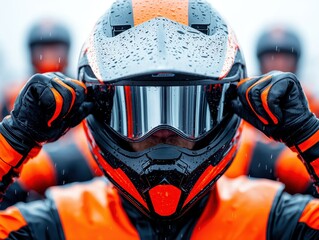 Close-up shot of a jet ski racer wearing a reflective helmet and rain gear, adjusting their helmet during a rainy competition.