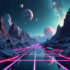 Cosmic Geometry A Futuristic 3D Abstract Space with Neon Wireframe Landscape