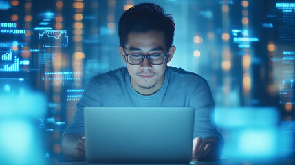 A focused individual working on a laptop, surrounded by digital data visuals and glowing blue graphics, suggesting a high-tech or data-driven environment.