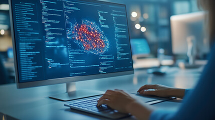 A programmer analyzes complex data visualizations on a computer screen, highlighting interconnected nodes, in a dimly lit office environment focused on tech innovation.