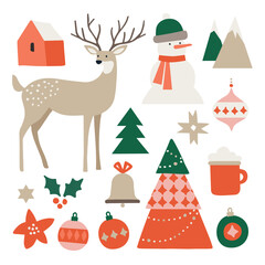 Set of hand drawn retro Christmas illustrations. Deer, snowman, Christmas ornaments balls. Christmas tree, stars and Scandinavian house. Winter holidays vector icons isolated on white background
