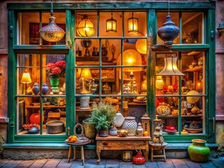 Vintage Shop Window Display Candid Photography - Rustic Aesthetic, Retro Decor, Antique Treasures, Urban Exploration, Nostalgic Vibes, Charming Retail Experience