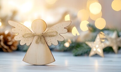 Wooden angel figurine and Christmas decorations on festive bokeh background. A simple wooden angel ornament stands on a gray surface against a blurred background 