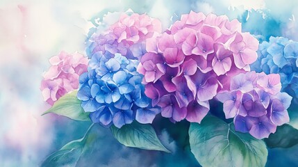 Obraz premium A serene arrangement of colorful hydrangea flowers, showcasing delicate petals in shades of pink and blue against a soft background.