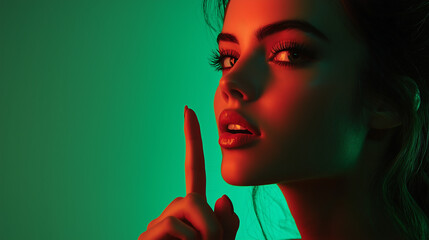 Obraz premium woman face is illuminated by a red light casting shadows and highlighting her features Her lips are slightly parted and she holds a finger to her lips as if to shush someone She is looking off 