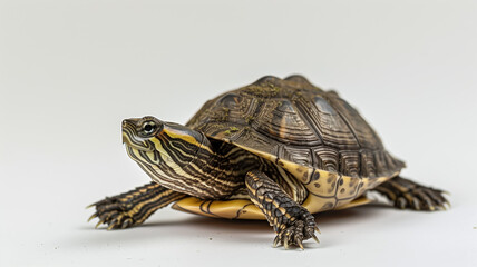 Close-up of a turtle with patterned shell on white background