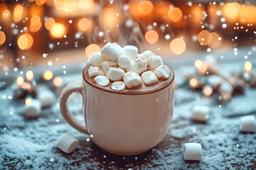Cup of hot chocolate or mug of cocoa with small marshmallows against traditional winter christmas market. City street in fair atmosphere. New Year holidays and Xmas concept for banner, poster, card