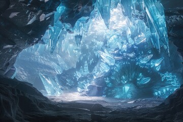 A Glowing Blue Crystal Cave Interior