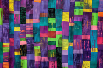 Colorful and vibrant geometric pattern with purple, green, and yellow rectangles, creating a playful and dynamic textile-like design for modern artistic projects.