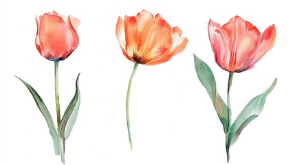 Obraz premium Beautiful watercolor tulip flowers showcasing vibrant colors and delicate petals, perfect for spring-themed designs and illustrations.