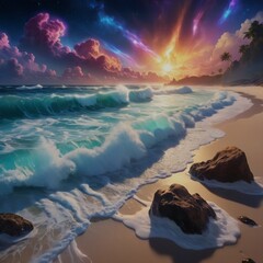 Naklejka premium A surreal beach where ocean waves are made of liquid light, crashing into glowing stones under a sky filled with swirling nebulae.