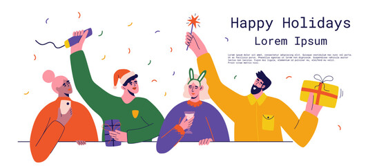 Merry Christmas and Happy New Year banner with happy people. Trendy characters celebrate winter holidays in office. Cartoon vector illustration.
