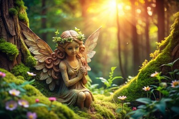 Obraz premium Vintage Style Photography of a Wooden Fairy Sculpture Surrounded by Nature, Enchanting Forest Backdrop, Rustic Charm, Magical Atmosphere, Perfect for Home Decor and Collectors