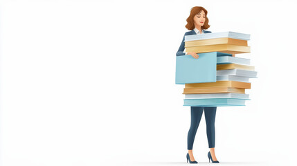 A woman in business attire carries a towering stack of books, balancing them carefully as she walks forward on a plain background.
