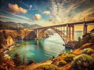 Fototapeta premium Vintage Style Photography of Iconic Bridges Over Bay Waters, Capturing Serene Ocean Views and Nostalgic Charm