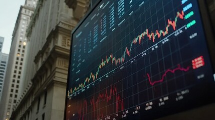 A close up of the S P 500 index on a large screen, stock numbers and charts indicating real-time market activity and trends.