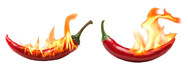 Two fresh red chilies that are very spicy, with a flare of flames. transparent background