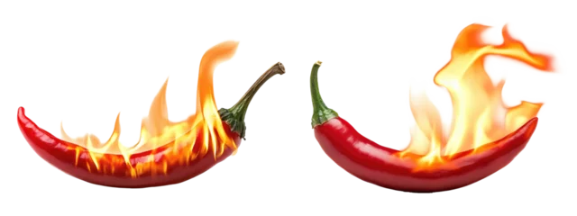 Two fresh red chilies that are very spicy, with a flare of flames. transparent background