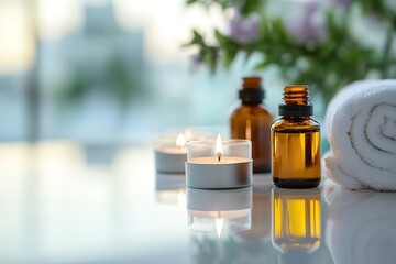 Tranquil spa setting with candles, oils, and towel