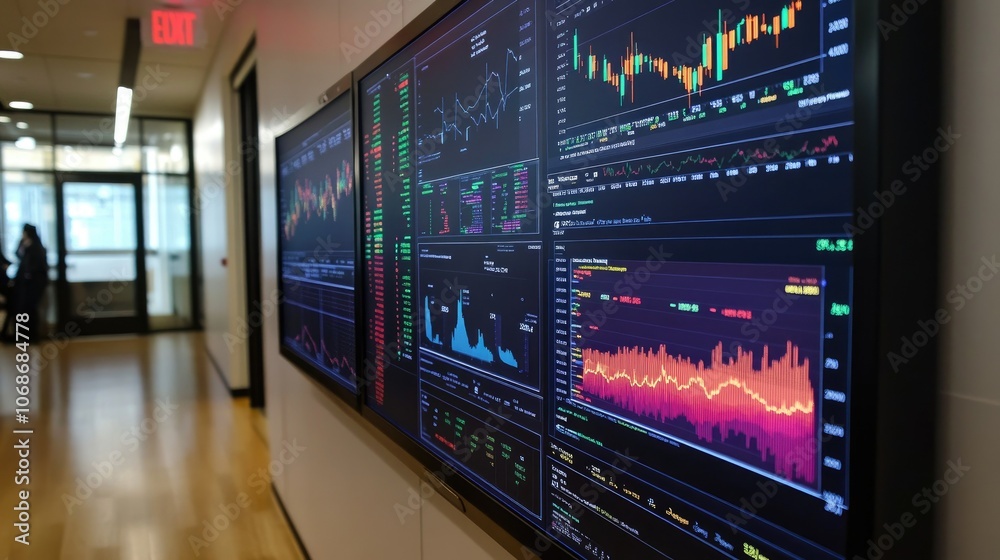 Poster A large digital monitor displaying the SP 500 index with up-to-the-minute charts and numbers illustrating the health of the market.