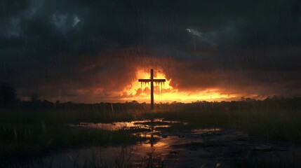 Obraz premium A large cross standing in the middle of an empty field, surrounded by water and rain pouring down on it.
