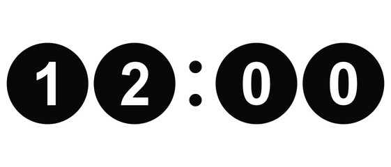 12:00. AM, PM, midnight, night, noon. Clock icon text and 12 clock icon text. Time icon vector. Time style icon. vector illustration.